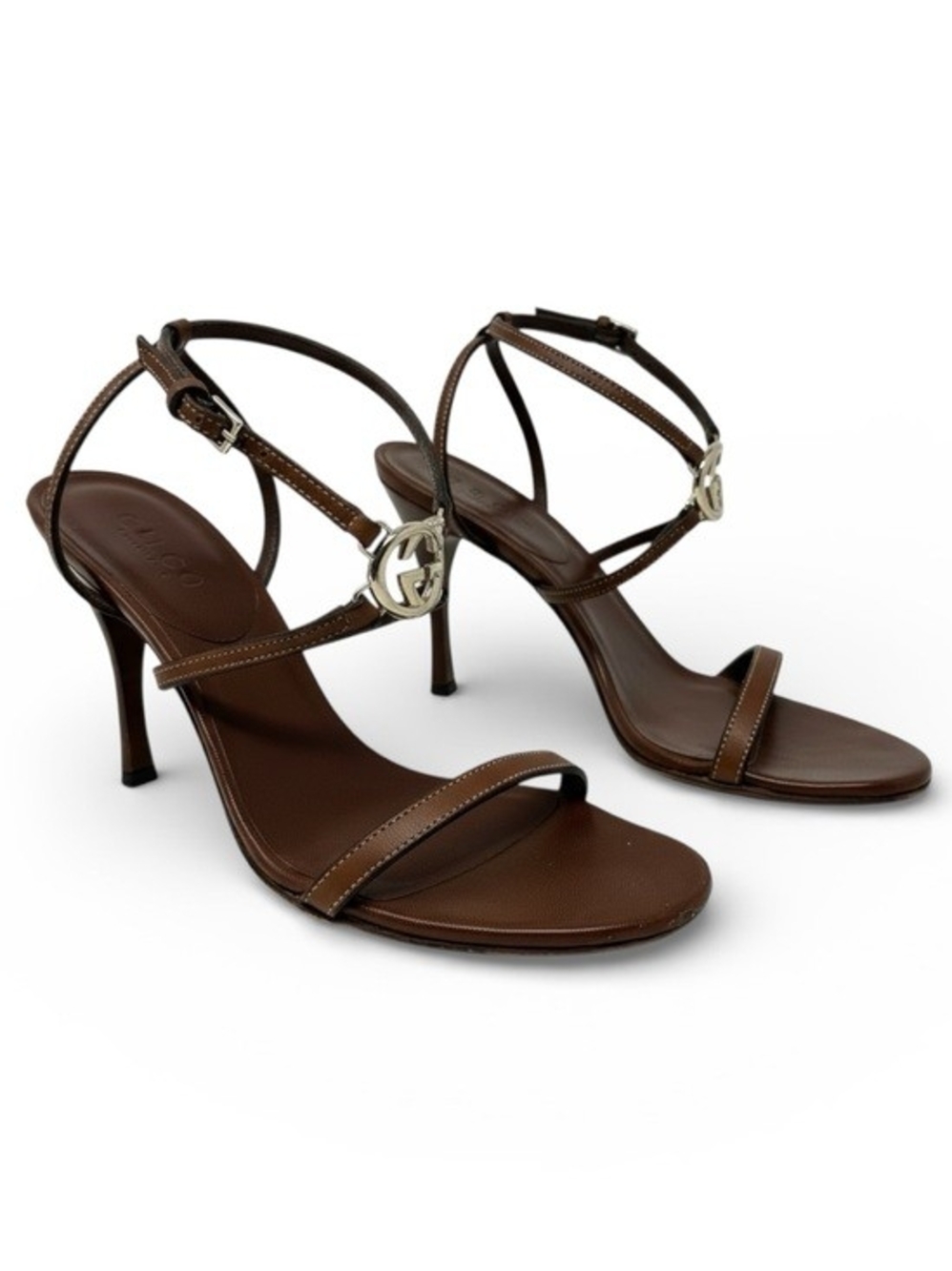 GUCCI Brown Leather Strappy Heeled Sandals